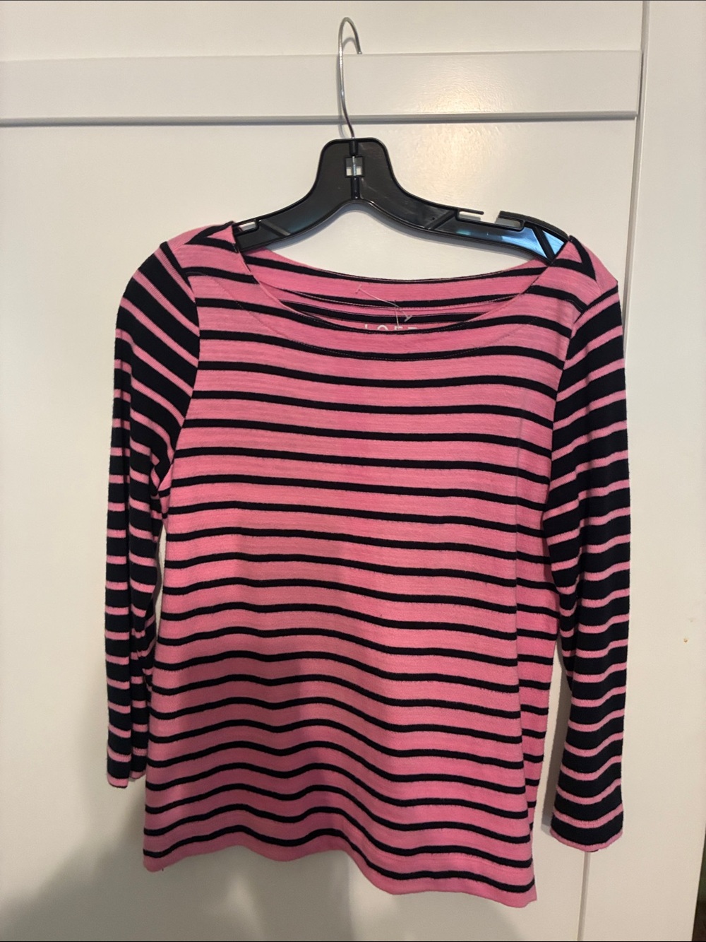 LOFT Pink and Black Striped Long Sleeve Boatneck Top